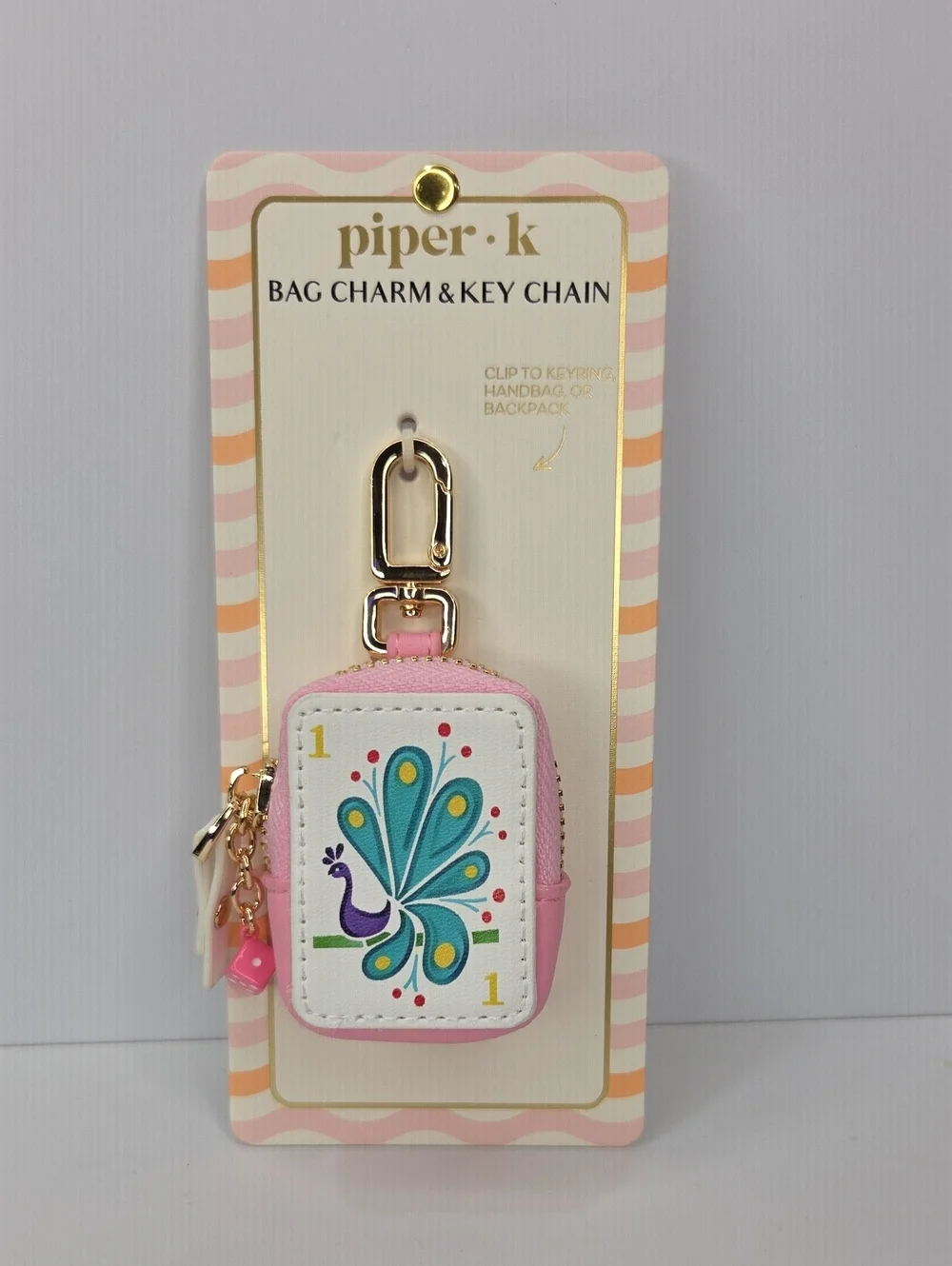 🦚▪️Piper K ▪️Pink Peacock Bag Charm & Key Chain